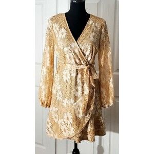 Half Island Floral Flower Lace Dress Faux Wrap Peach Mini Fit & Flare Women's M